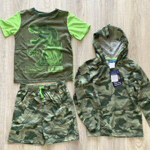 3 pc Saint Eve Pajamas Boys Dinosaur T-Rex Sleepwear Short Set Green Camo Sz 7/8
